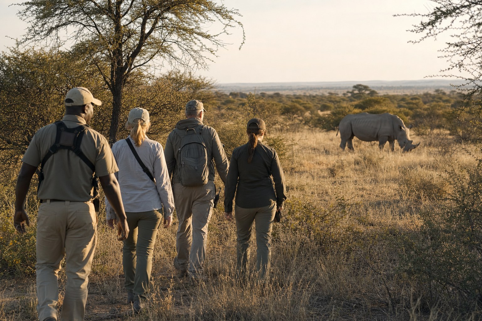 Guided white rhino tracking in bushveld