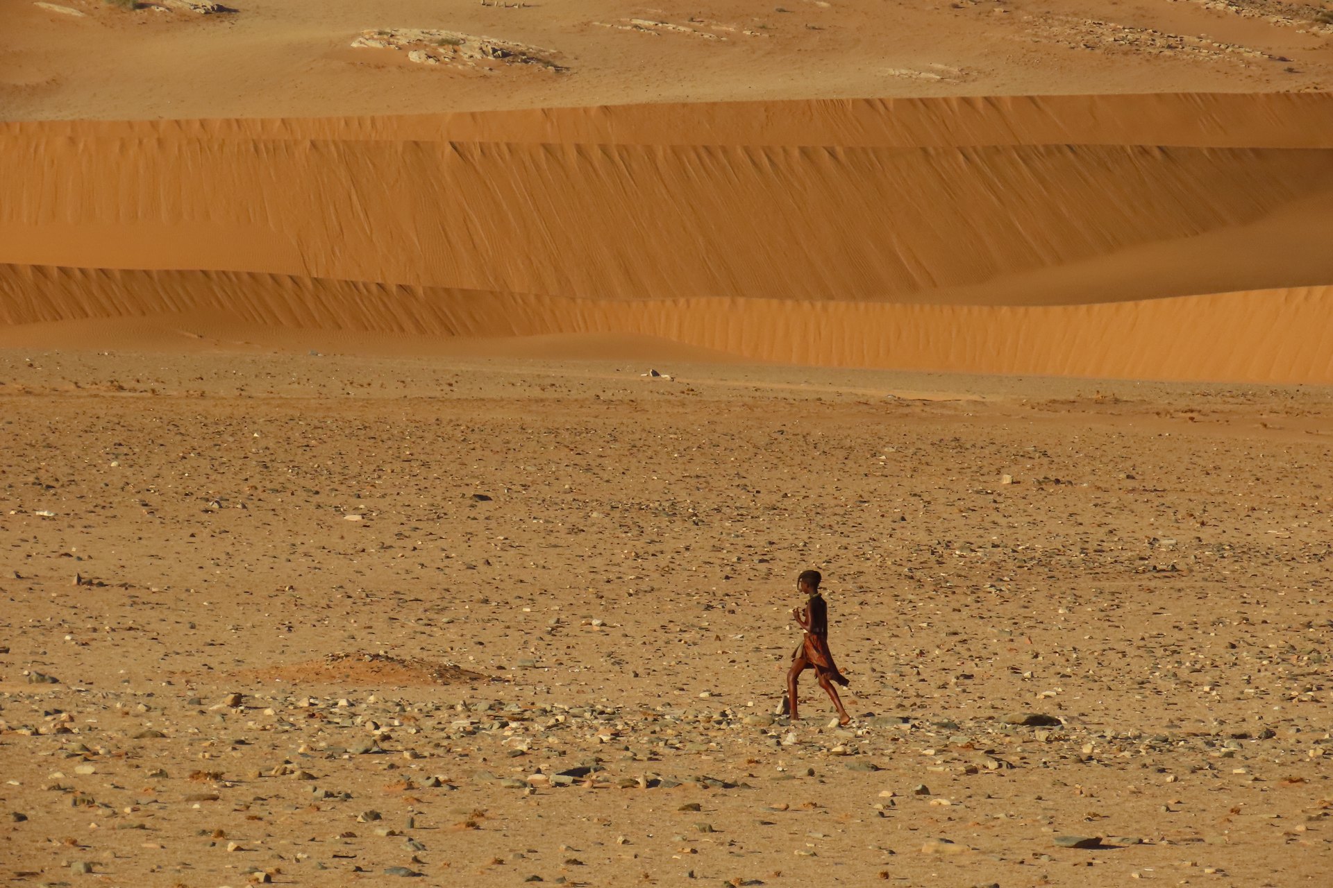 A Himba traveller crossing an arid north-west landscape